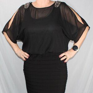 Dressbarn Black Petite Dress with Sheer Cape Sleeves - Size 8P